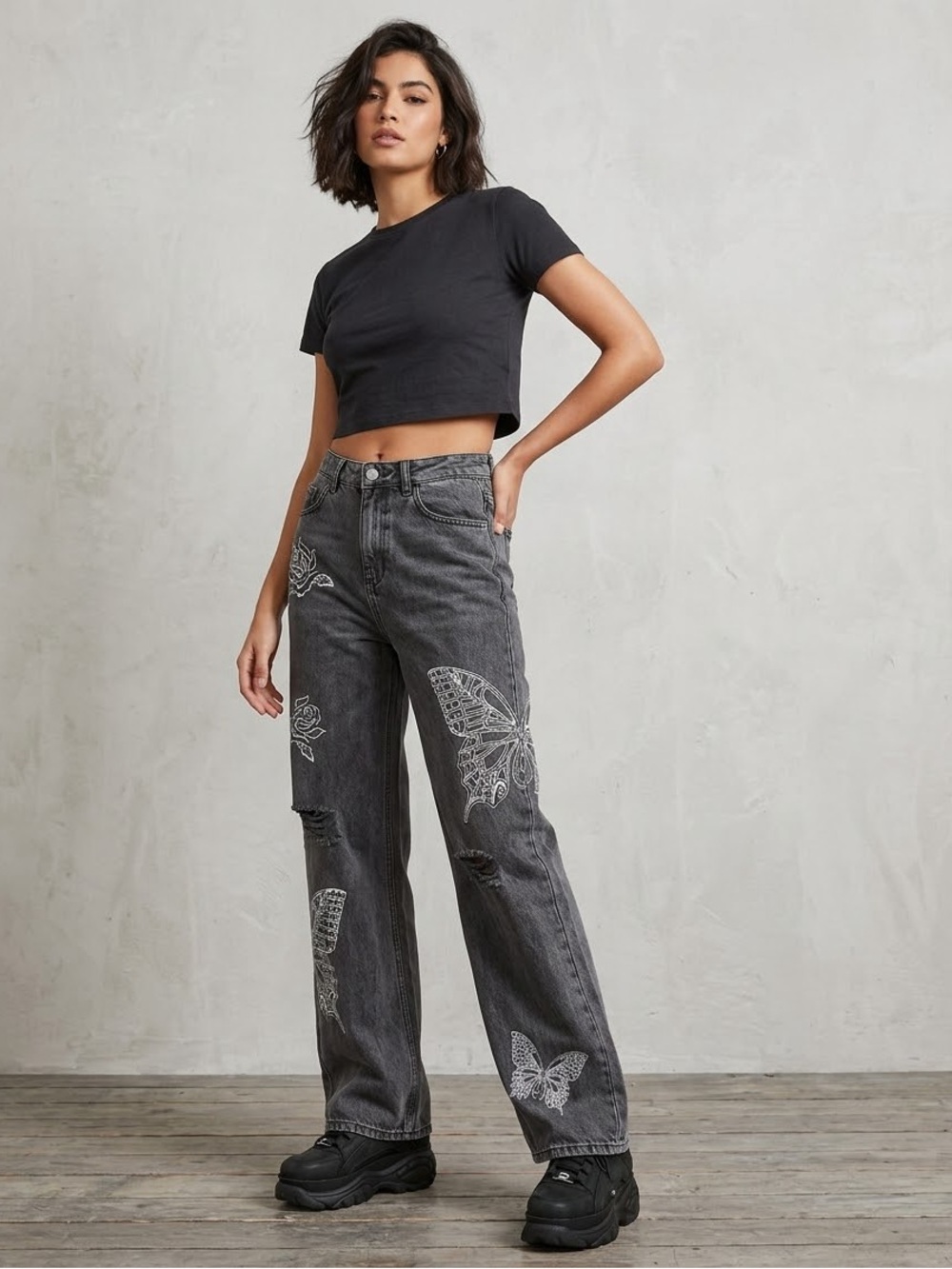 Daisy Street High-Rise Charcoal Gray Wide-Leg Jeans with White Butterfly